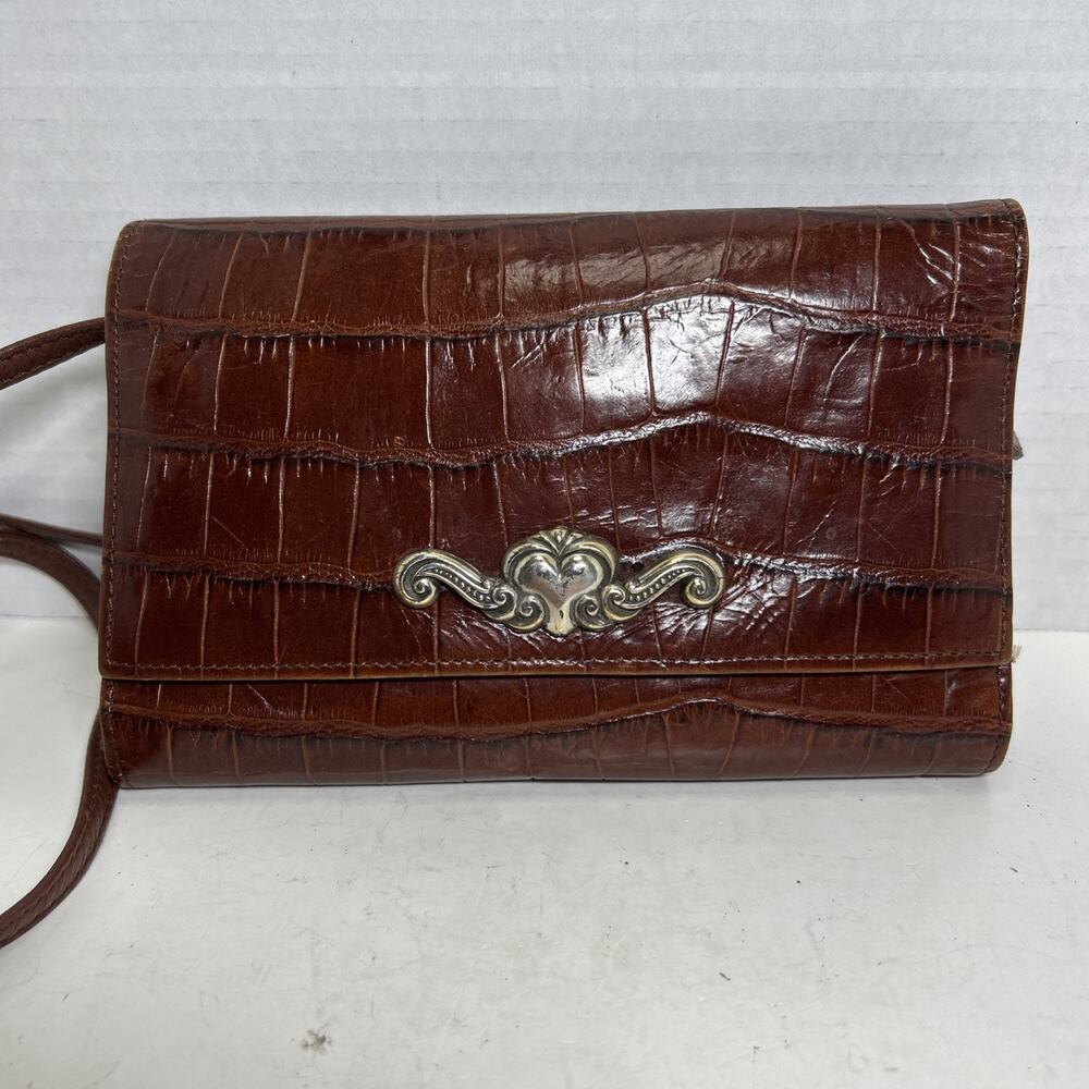 VTG Brighton Wallet Trifold Leather Croc Embossed Brown Crossbody Organizer
